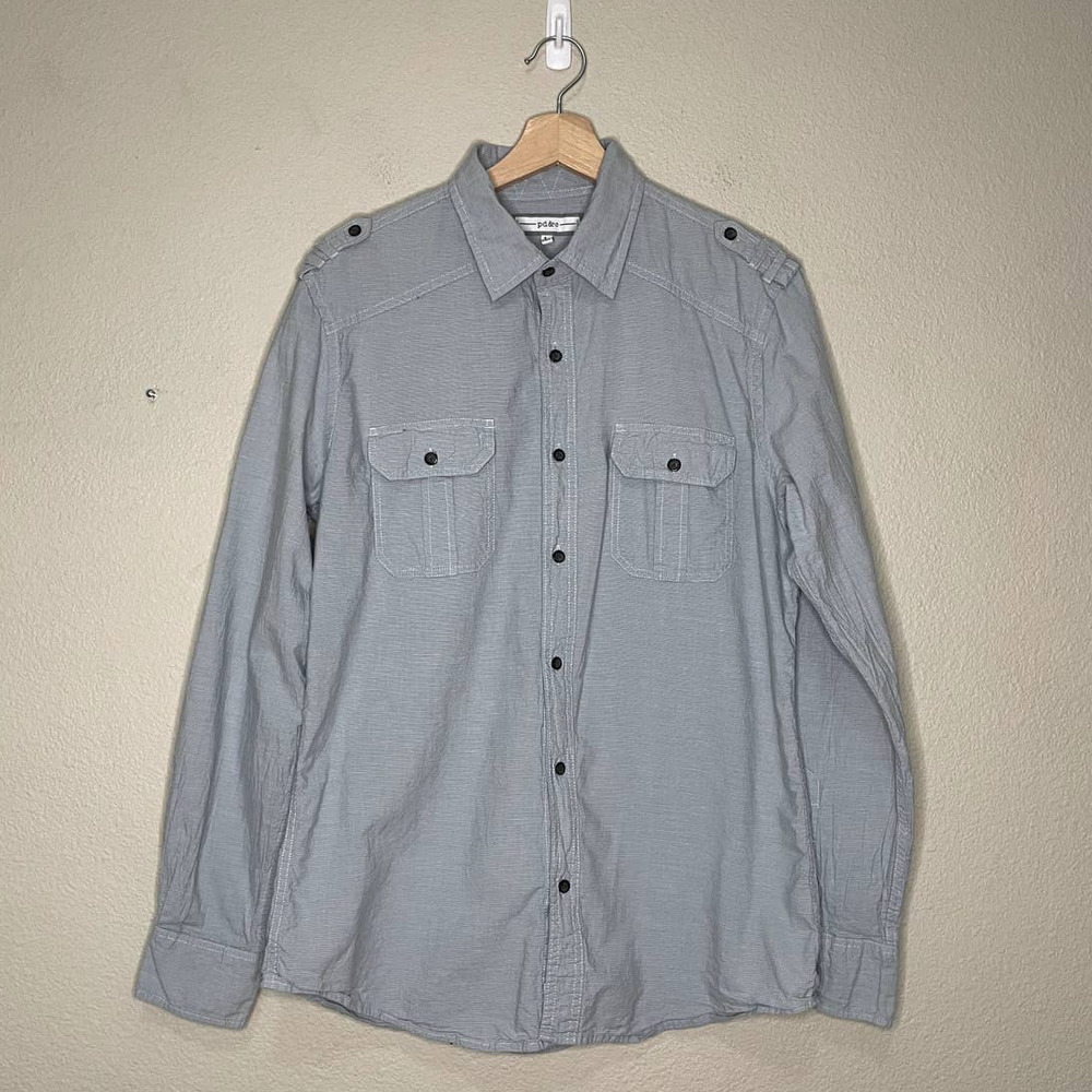 𝅺PD&C Shirt Light Blue Button Up Collared Cotton Chest‎ Pockets Shoulder Tabs